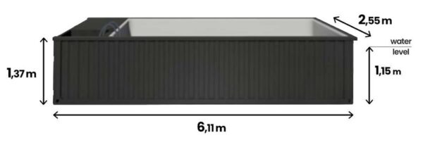 Piscina modular de 6,2 m x 2,5 m con sistema de natación a contracorriente, zona deportiva y spa.